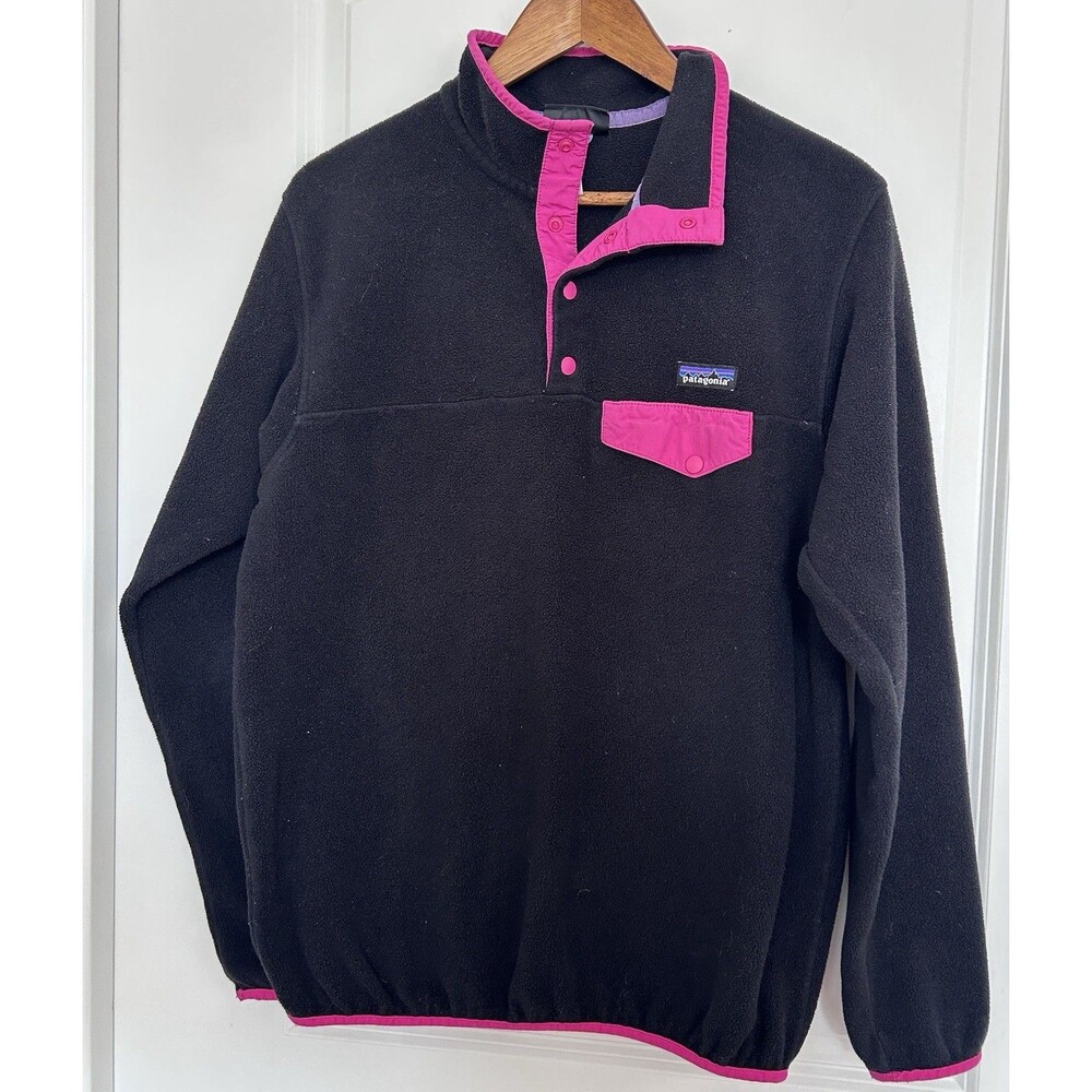 Patagonia Womens Synchilla Large Pullover Black W Hot Pink Trim Snap VTG Y2k
